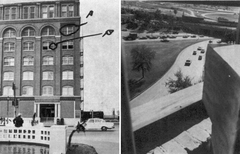 The Texas School Book Depository and view from the sniper’s nest (Public Domain)