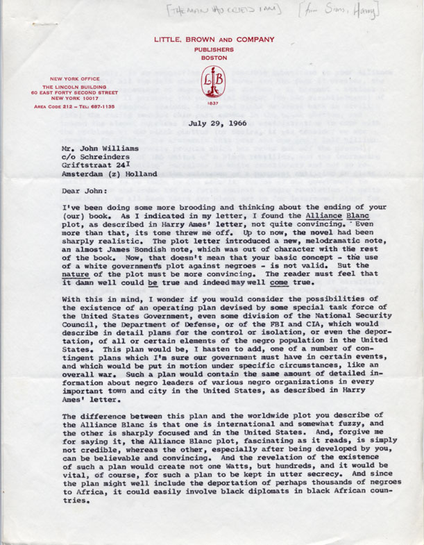 Letter from Harry Sions to John A. Williams discussing revisions to the novel’s ending (University of Rochester: Rare Books and Special Collections)