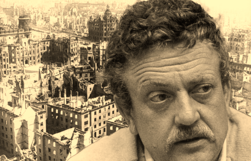 Kurt Vonnegut against a backdrop of Dresden
