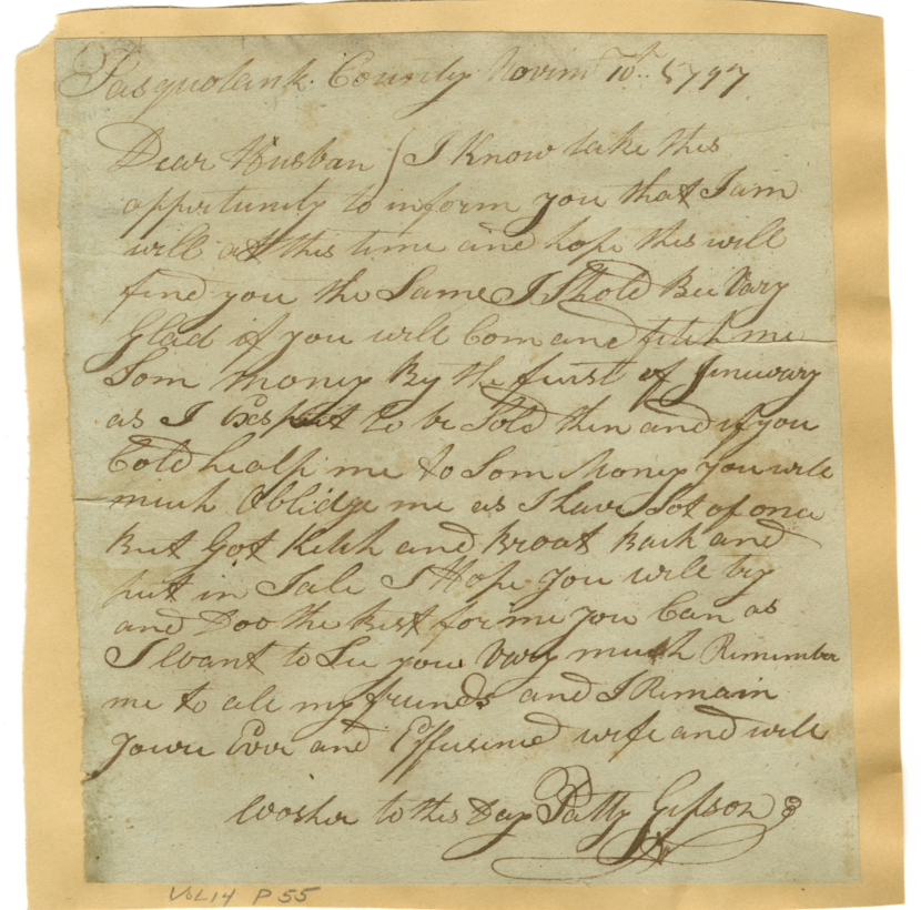 A letter from Patty Gipson to her husband, November 10, 1797