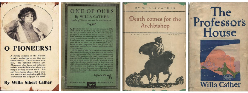 Cather first-edition covers: O Pioneers!, One of Ours, Death Comes for the Archbishop, and The Professor's House
