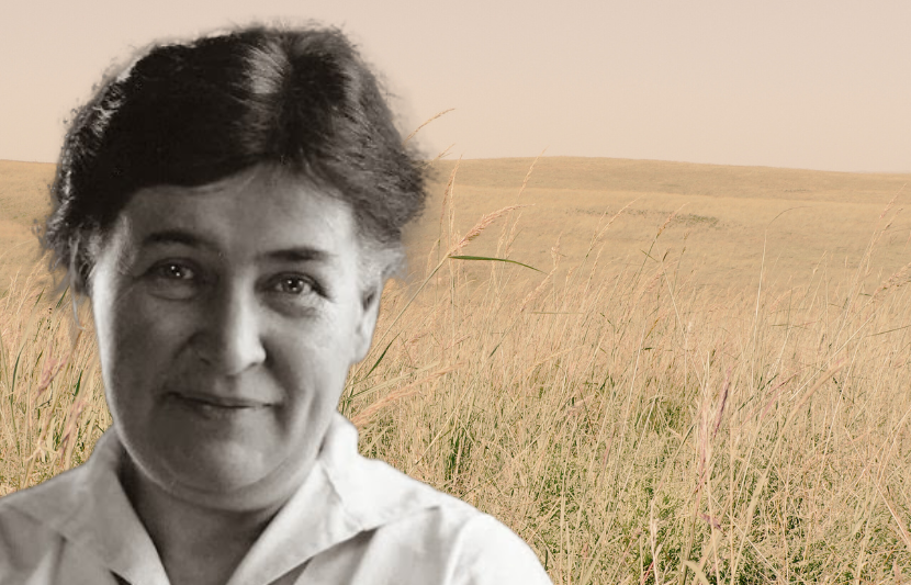 Portrait of Willa Cather (National Portrait Gallery, Smithsonian Institution) and Willa Cather Memorial Prairie in Webster County, Nebraska (Public Domain)