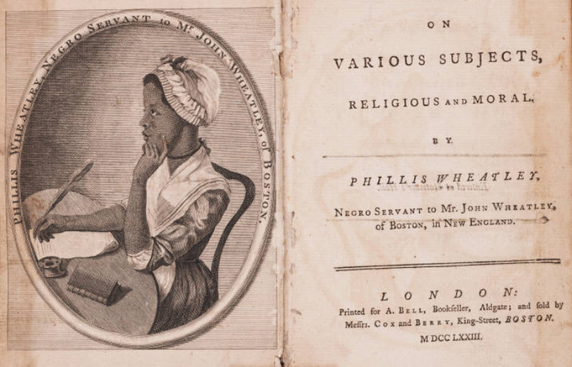 Phillis Wheatley, frontispiece and title page of <em>Poems on Various Subjects, Religious and Moral</em>, 1733
