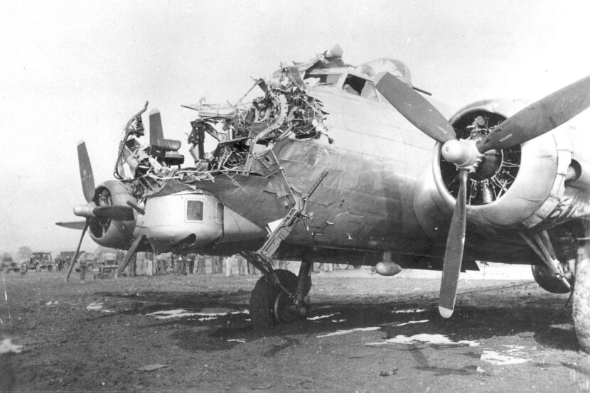 Flak damage completely destroyed the nose section of this Boeing B-17G (U.S. Air Force)
