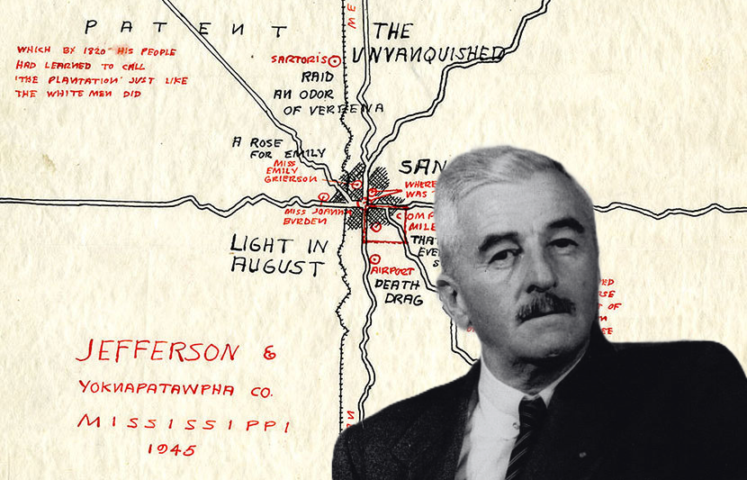  Banner image: Detail from 1945 map of Yoknapatawpha that Faulkner drew for The Portable Faulkner (Brodsky Collection, Center for Faulkner Studies, Southeast Missouri State University/Digital Yoknapatawpha) and Faulkner in 1954 (Carl Van Vechten / Library of Congress)