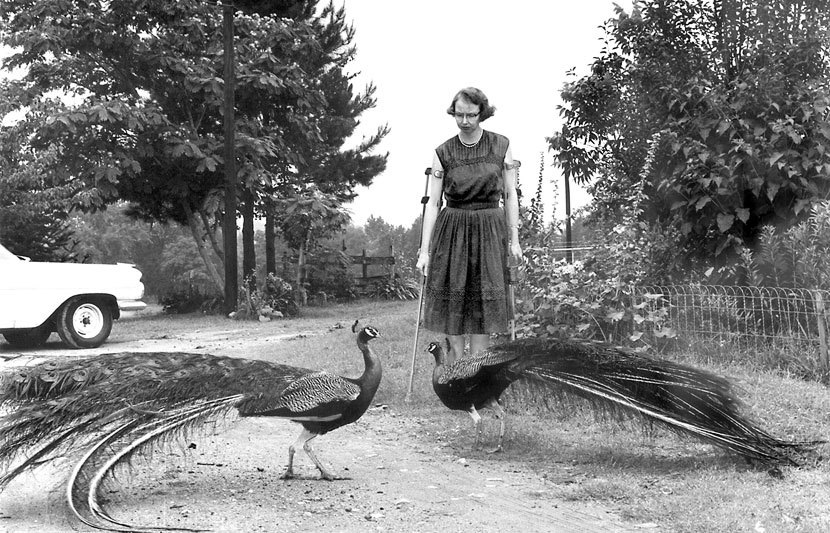 Flannery O’Connor in the driveway at Andalusia, her Georgia estate, in 1962.