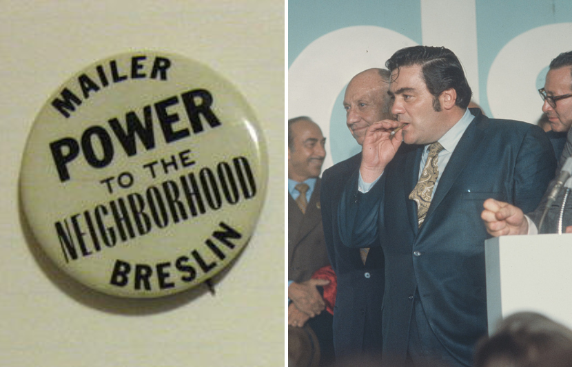 A Mailer–Breslin campaign button in 1969 and Jimmy Breslin at an event for New York City mayor John Lindsay circa 1970