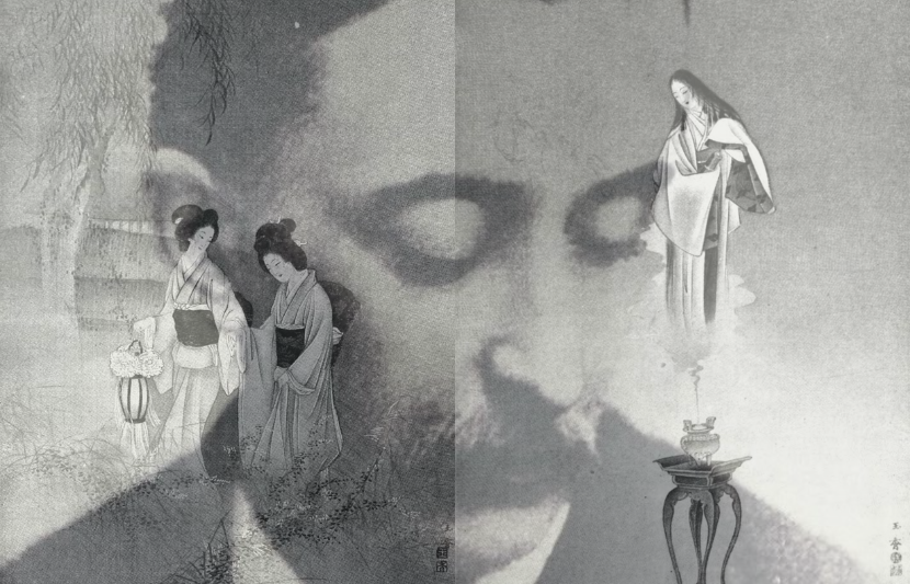 Portrait of Lafcadio Hearn from 1889 and illustrations by Hearn