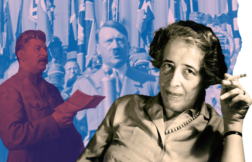 Painting of Stalin by Isaak Brodsky (Public Domain), Hitler giving a speech in 1935 (CC BY-SA 3.0 de), and photo of Hannah Arendt by Ryohei Noda (CC BY 2.0)