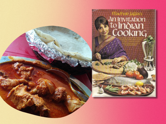 Chicken curry and cover of An Invitation to Indian Cooking by Madhur Jaffrey